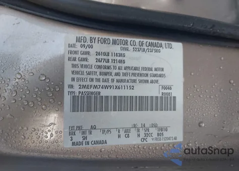 2001 Mercury Grand Marquis Gs z USA, uszkodzony, nr VIN 2MEFM74W91X611152